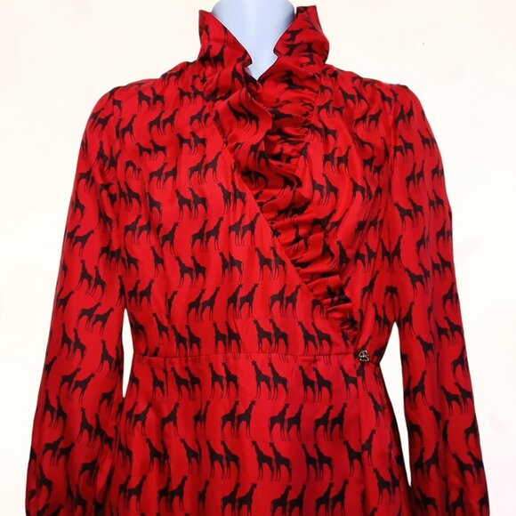 Elizabeth McKay Red Colored Black Giraffe Print Long-sleeve Wrap-around Dress S4 - Picture 2 of 13